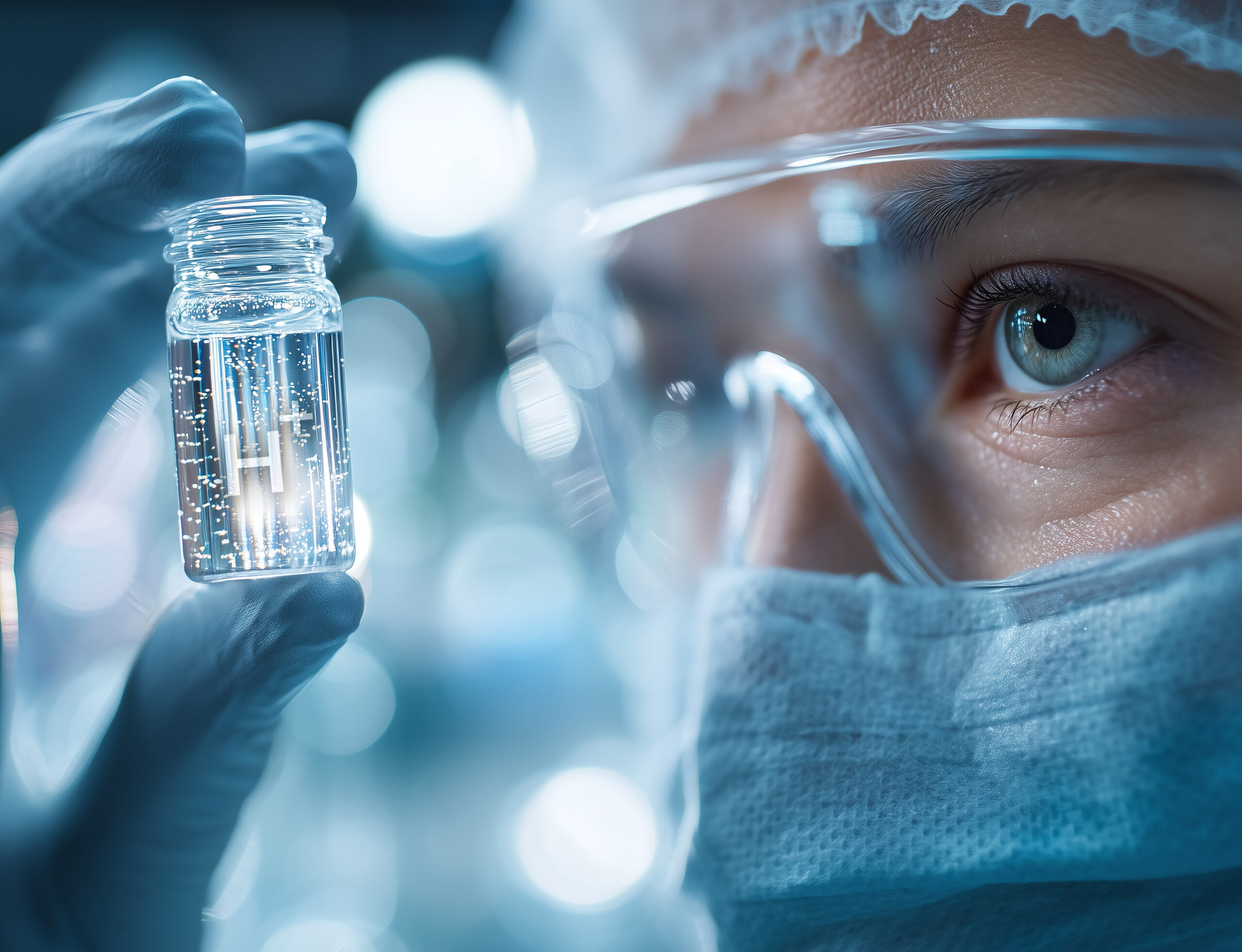 Scientist examining glowing liquid sample during medical researc
